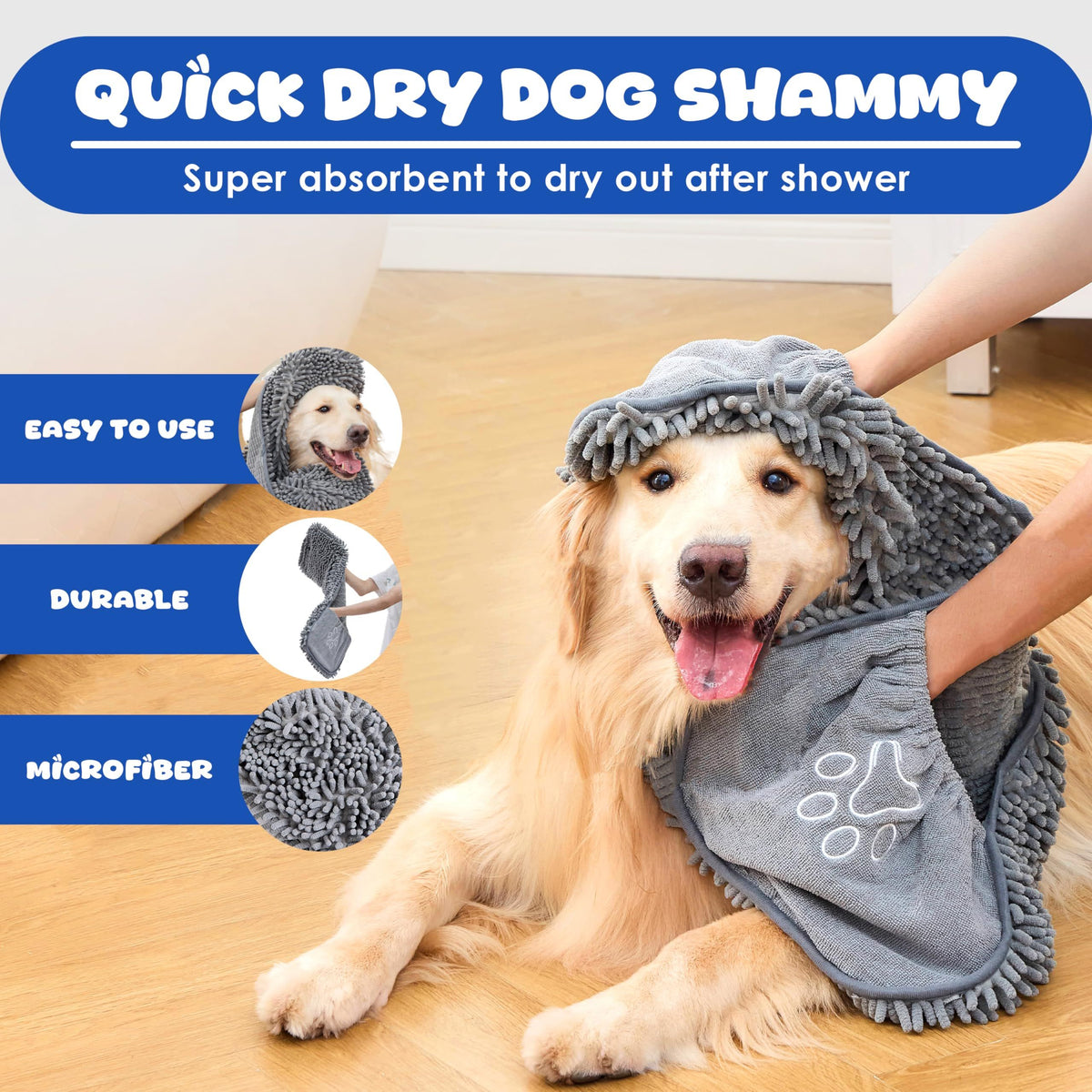 Dog Towel for Drying Dogs – Absorbent Microfiber Bath Towel with Hand Pockets, Super Absorbent & Fast Dry, Soft Microfiber, Fits Large & Small Dogs, Machine Washable & Reusable Pet Bath Towel（Gray）